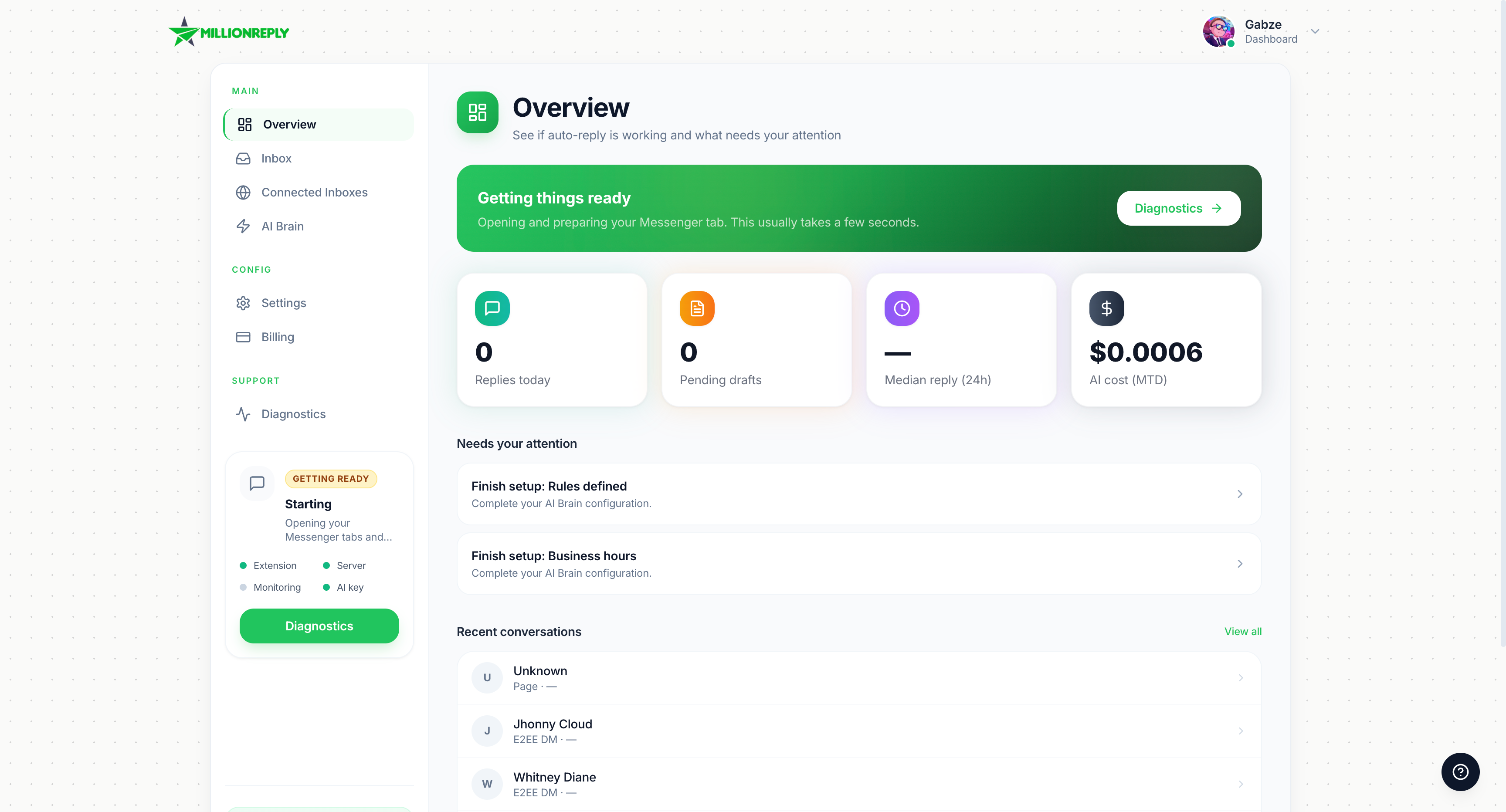 MillionReply dashboard showing inbox overview, AI Brain, and auto-reply status